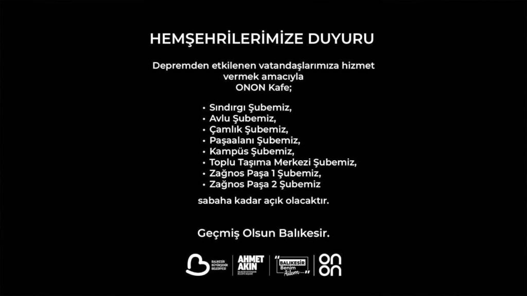 Общинските кафенета ще работят до сутринта след земетресението в Балъкесир